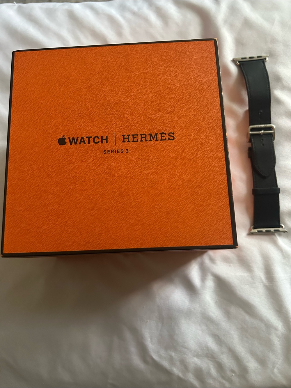 Hermes Black Leather Watch Band with Silver Hardware